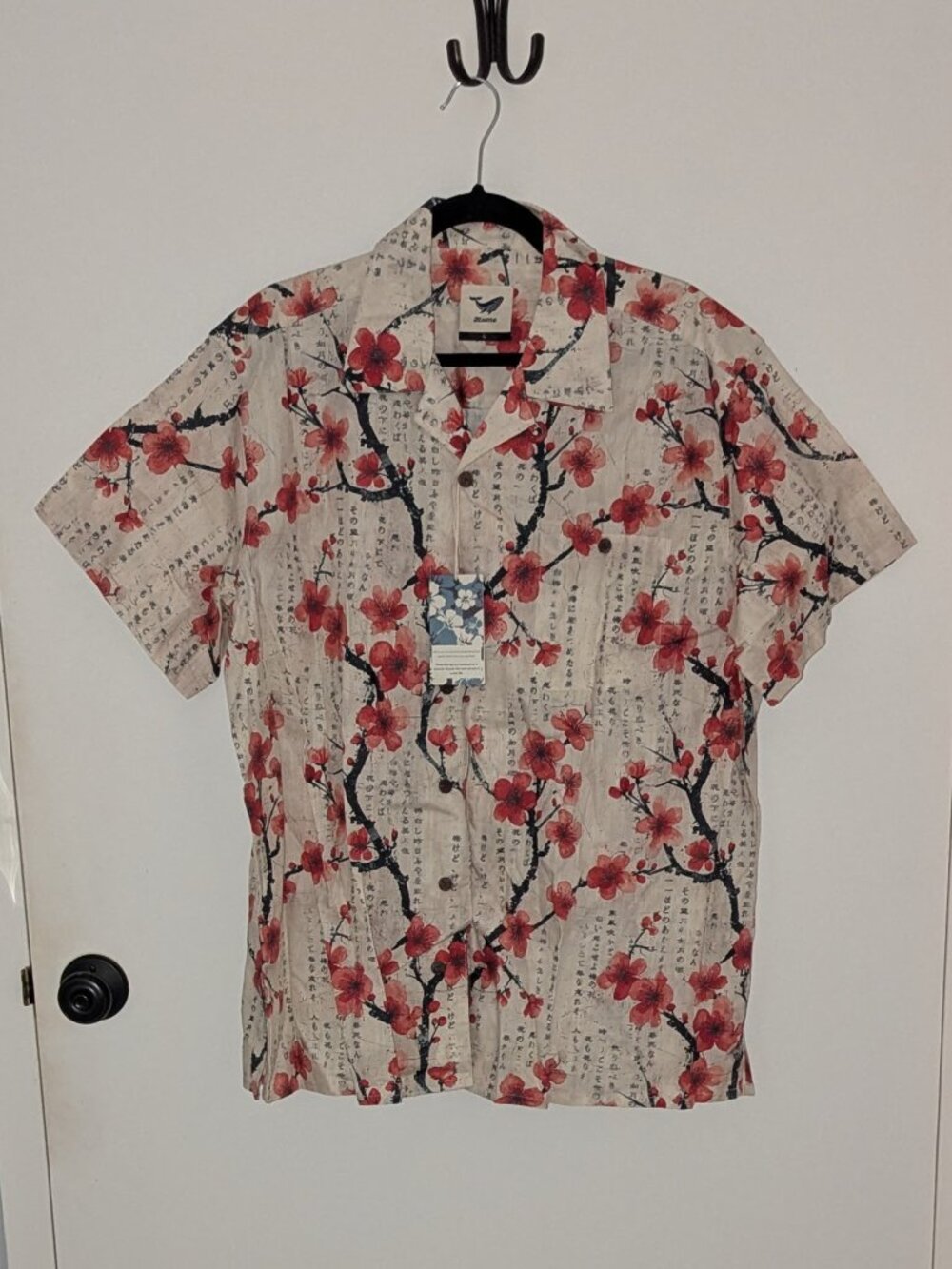 NWT Yiume Men's Short Sleeve Red/Black Floral Cotton Shirt Size L